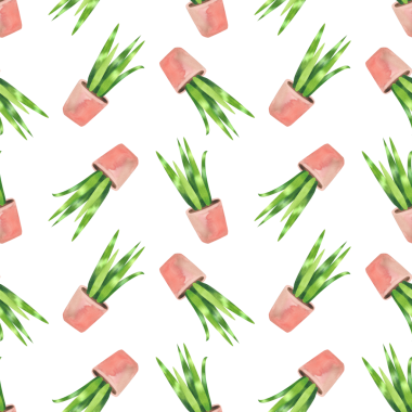 Saksı bitkileriyle kusursuz desen. Basit düz bir şekilde yeşil yaprakların suluboya çizimi.