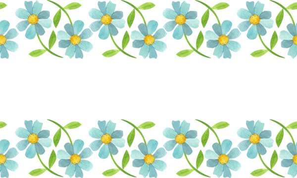 Mavi çiçekler ve yeşil yapraklarla kusursuz bir sınır. Basit düz bir şekilde suluboya çiçek çizimi.