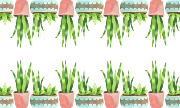 Yeşil saksı bitkileriyle kusursuz bir sınır. Basit düz bir şekilde suluboya çiçek çizimi.