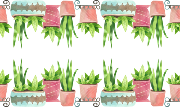 Çeşit çeşit saksılarda ev bitkileriyle sınırsız sınır. Çiçeklerin basit düz bir şekilde suluboya çizimi.