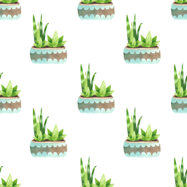 Mavi desenli çömleklerde iç mekan bitkileriyle kusursuz desen. Çiçeklerin basit düz bir şekilde suluboya çizimi.