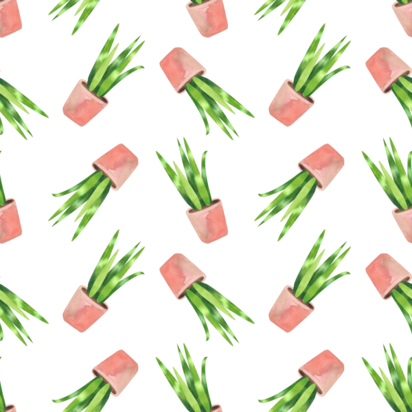 Saksı bitkileriyle kusursuz desen. Basit düz bir şekilde yeşil yaprakların suluboya çizimi.