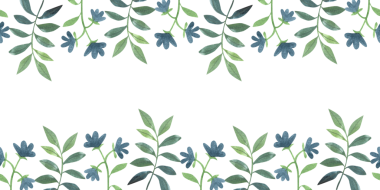 Elle çizilmiş suluboya, yeşil dallar, yapraklar ve çiçeklerle kusursuz bir sınır. Bahar ve yaz renkli bitkilerin basit bir şekilde toplanması.