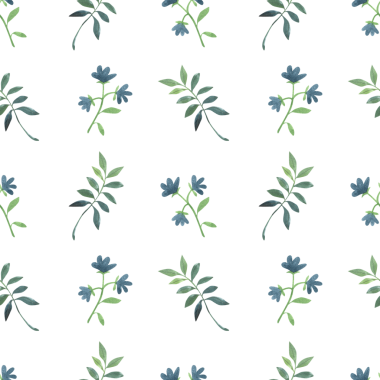 Mavi çiçek ve yaprakların elle çizilmiş suluboya resimleriyle kusursuz desen. Bahar, yaz renkli bitkilerin basit bir şekilde toplanması..