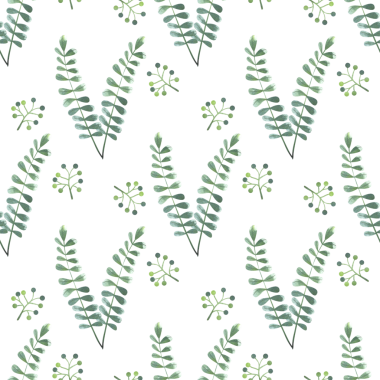 Elle çizilmiş suluboya, yeşil dallar, yapraklar ve böğürtlenlerle kusursuz desen. Bahar ve yaz renkli bitkilerin basit bir şekilde toplanması.