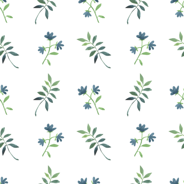 Mavi çiçek ve yaprakların elle çizilmiş suluboya resimleriyle kusursuz desen. Bahar, yaz renkli bitkilerin basit bir şekilde toplanması..