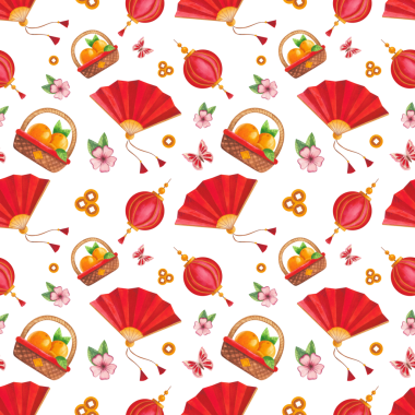 Asya 'dan esinlenilmiş unsurları olan kusursuz bir Çin Yeni Yıl şablonu. Fenerler, dekorasyonlar ve zarflar. El çizimi suluboya çizimi.