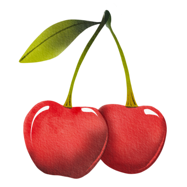 Bir çift taze, olgun kiraz, yeşil yapraklı, elle çizilmiş. Basit bir suluboya tarzında resimleme.