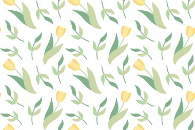 Sarı laleleri ve yeşil dalları olan kusursuz bir desen. Narin çiçekli bahar ve yaz tasarımı. Yeşil bitki motifi kumaş, kart ve tipografi dekorasyonu için uygundur.