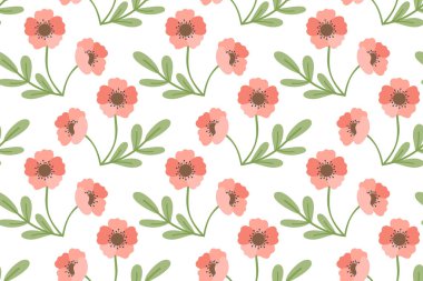 Kırmızı çiçekli ve yeşil yapraklı kusursuz desen. Canlı renklerle bahar ve yaz tasarımı. Yeşil botanik motifi kumaş, kart ve tipografi için mükemmeldir..