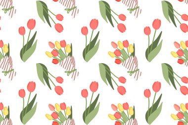 Kırmızı laleleri ve buketi olan kusursuz bir desen. Canlı çiçeklerle bahar ve yaz tasarımı. Yeşil bitki motifi kumaş, kart ve tipografi için mükemmeldir.