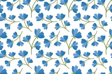 Mavi çiçekli kusursuz desen. Canlı renklerle bahar ve yaz tasarımı. Yeşil çiçek motifi kumaş, kart ve tipografi için mükemmeldir..