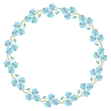 Yuvarlak çerçeveli mavi unutmabeni-nots. Narin çiçekli bahar ve yaz çelengi. Yeşil bitki motifi kartlar ve baskılar için mükemmeldir.