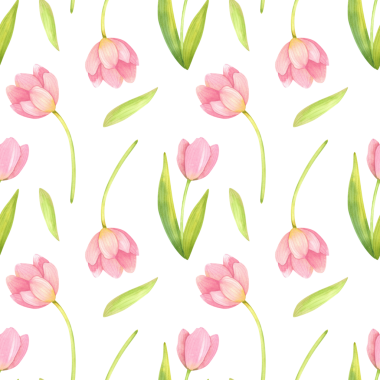 Taze, narin laleleri, tomurcukları ve yaprakları olan kusursuz bir desen. Sulu boyayla çizilmiş bahar pembe çiçekleri..