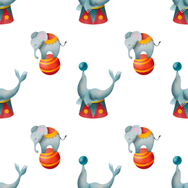 Sirk hayvanlarında kusursuz desen. Topun üzerinde bir fil ve fok resmi, suluboya bir elle çizilmiş..