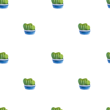 Kaktüslerle kusursuz desen. Dekoratif kaplarda ev bitkilerinin suluboya çizimi.