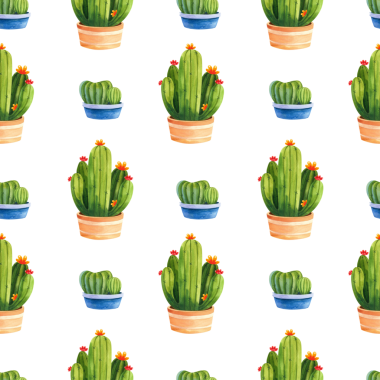 Dekoratif kaplarda kaktüslü kusursuz desen. Ev ve bahçe, dekor ve kumaş için ev bitkilerinin suluboya çizimi.