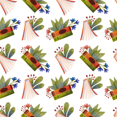 Çiçekler ve yeşil yapraklarla süslenmiş kitaplarla kusursuz desen, suluboya elle çizilmiş..