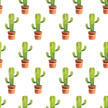 Dekoratif kahverengi tencerelerde kaktüslü kusursuz desen. Ev ve bahçe, dekor ve kumaş için el çizimi suluboya çizimi.