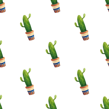 Dekoratif kahverengi tencerelerde kaktüslü, kusursuz desenli mavi desenli. Ev ve bahçe, dekor ve kumaşlar için ev bitkilerinin suluboya çizimi.