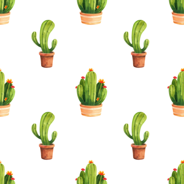 Kaktüslü kusursuz desen ve dekoratif kaplarda çiçekler. Ev ve bahçe, dekor ve kumaşlar için ev bitkilerinin suluboya çizimleri.