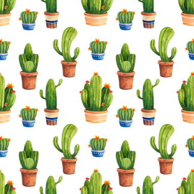 Dekoratif kaplarda çeşitli kaktüsler ve çiçeklerle kusursuz desen. Ev ve bahçe, dekor ve kumaşlar için ev bitkilerinin suluboya çizimleri.