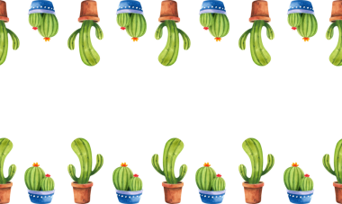 Kaktüsle kusursuz bir sınır. Mavi ve kahverengi tencerelerde kaktüslerin suluboya çizimi, dekorasyon için ev bitkileri.