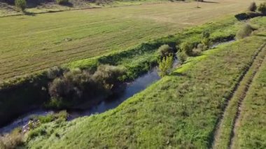 Ukrayna 'nın Mariupol yakınlarındaki yeşil bozkırları ve ekili tarım alanlarını kesen küçük, sakin bir derenin hava görüntüleri. Yüksek kaliteli FullHD görüntüler