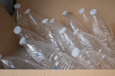 Birçok temiz plastik su şişesi geri dönüşüm için hazırlanan bir yerde karton bir kutuya konur. Sahne, çevre dostu bir çabayla şişelerin tekrar kullanılmaya hazır olduğunu gösteriyor..