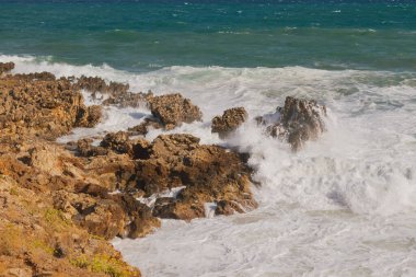 Deniz köpüğü kayalık kıyıya çarpıyor, denizin vahşi gücünü ve kıyı doğasının hareketli güzelliğini gösteriyor...