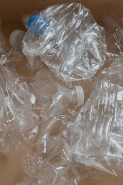 Plastik geri dönüşüm akışı: evcil hayvan şişeleri kutuda değerli ikincil hammadde olarak toplandı. Endüstriyel süreç ve dairesel ekonomi kavramları için atık görünümünü kapat.