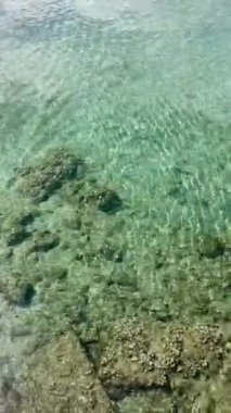 Dikey Akdeniz manzarası, Girit 'teki kristal berrak turkuaz su kayalık dipte parlak yaz güneşleri altında