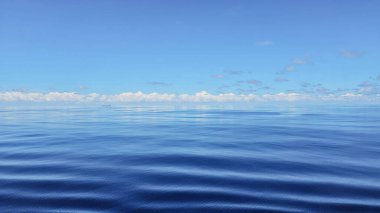 Ritim dalgalarıyla geniş okyanus manzarası, ince dalgalar, uzak gemi silueti, parlak mavi gökyüzünün altında ufukta beyaz kümülüs bulut çizgisi..