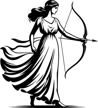 Artemis 'in düz vektör sanatı siyah-beyaz tek renkli. Mitoloji eğitimi, posterler, kitaplar, logolar, sunumlar ve klasik tasarım projeleri için ideal.