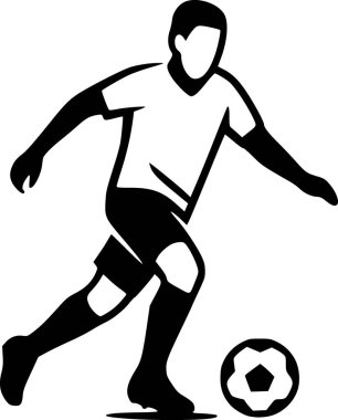 Minimalist siyah ve beyaz vektör çizimi, bir futbolcunun temiz düz stili. Spor markaları, posterler, logolar, editoryal tasarım, eğitim materyalleri ve modern grafik projeleri için uygundur.