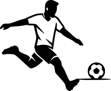 Minimalist siyah ve beyaz vektör çizimi, bir futbolcunun temiz düz stili. Spor markaları, posterler, logolar, editoryal tasarım, eğitim materyalleri ve modern grafik projeleri için uygundur.