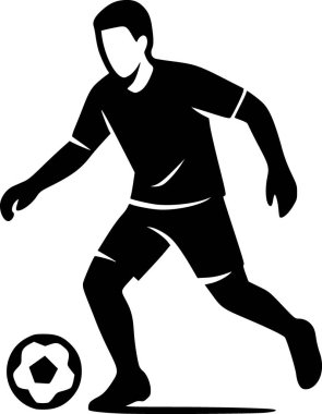Minimalist siyah ve beyaz vektör çizimi, bir futbolcunun temiz düz stili. Spor markaları, posterler, logolar, editoryal tasarım, eğitim materyalleri ve modern grafik projeleri için uygundur.