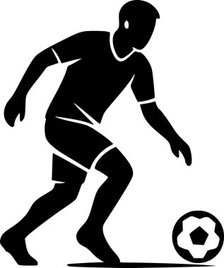 Minimalist siyah ve beyaz vektör çizimi, bir futbolcunun temiz düz stili. Spor markaları, posterler, logolar, editoryal tasarım, eğitim materyalleri ve modern grafik projeleri için uygundur.