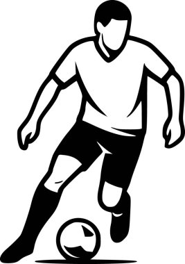 Minimalist siyah ve beyaz vektör çizimi, bir futbolcunun temiz düz stili. Spor markaları, posterler, logolar, editoryal tasarım, eğitim materyalleri ve modern grafik projeleri için uygundur.