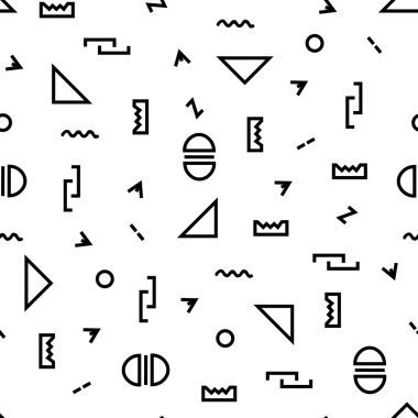 Geometrik vektör desen siyah ve beyaz. Bir üçgen, bir noktalı çizgi, dalgalı bir çizgi, bir zikzak çizgi, ok, bir daire oluştururlar. Hippi moda Memphis tarzı.