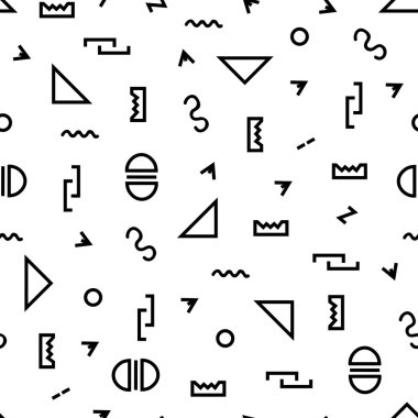 Geometrik vektör desen siyah ve beyaz. Bir üçgen, bir noktalı çizgi, dalgalı bir çizgi, bir zikzak çizgi, ok, bir daire oluştururlar. Hippi moda Memphis tarzı.