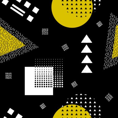 Vektör geometrik şekillerle soyut seamless modeli. Retro memphis tarzı.