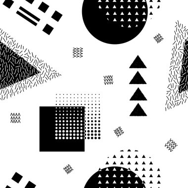 Vektör geometrik şekillerle soyut seamless modeli. Retro memphis tarzı.