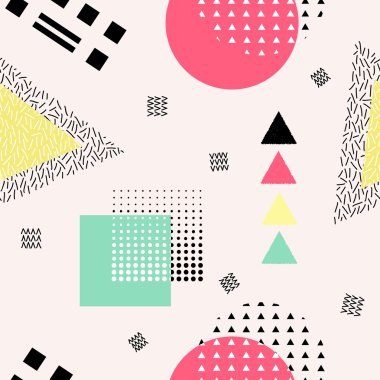 Vektör geometrik şekillerle soyut seamless modeli. Retro memphis tarzı.