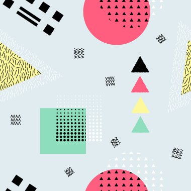 Vektör geometrik şekillerle soyut seamless modeli. Retro memphis tarzı.