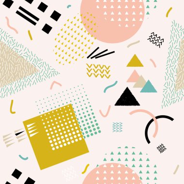 Vektör geometrik şekillerle soyut seamless modeli. Retro memphis tarzı.