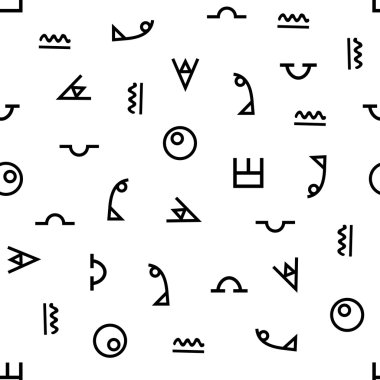 Geometrik vektör desen siyah ve beyaz. Bir üçgen, bir çizgi, dalgalı bir çizgi, eğri, bir daire oluştururlar. Memphis tarzı