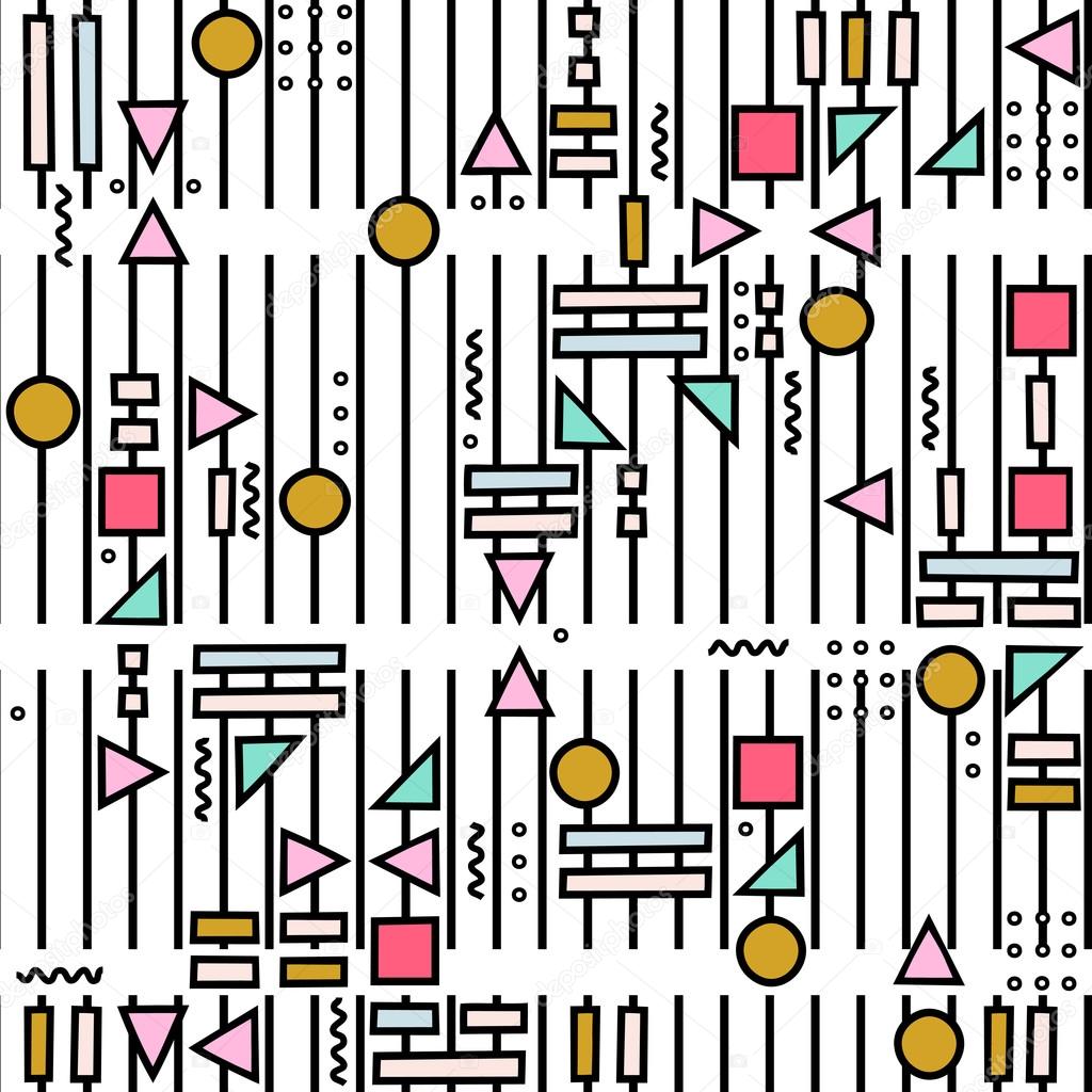 Vector abstract seamless pattern with geometric shapes on the striped background. Memphis style.