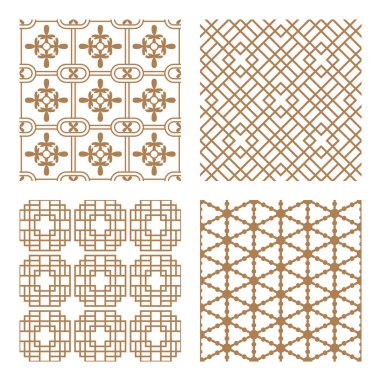 Modern tarzda tipik çizgilere ve elementlere sahip geleneksel Kore ya da Çin motifi de dahil olmak üzere geometrik Asyalı soyut dikişsiz vektör modelini ayarla