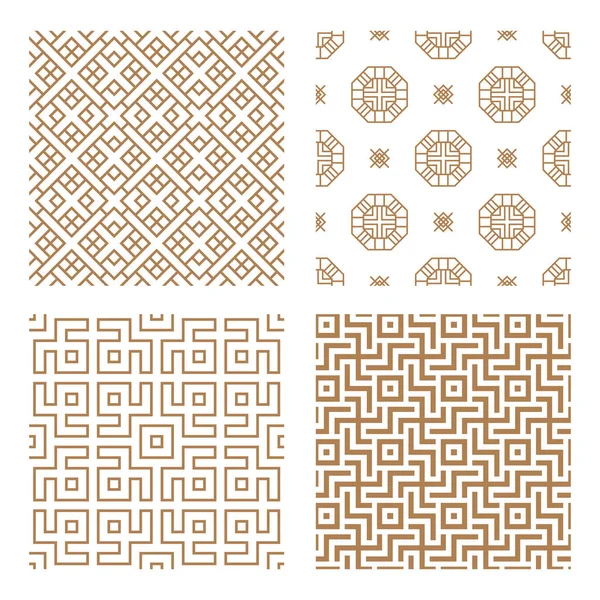 Modern tarzda tipik çizgilere ve elementlere sahip geleneksel Kore veya Çin motifi de dahil olmak üzere geometrik Asya monokrom soyut dikişsiz vektör örüntüsünü ayarla